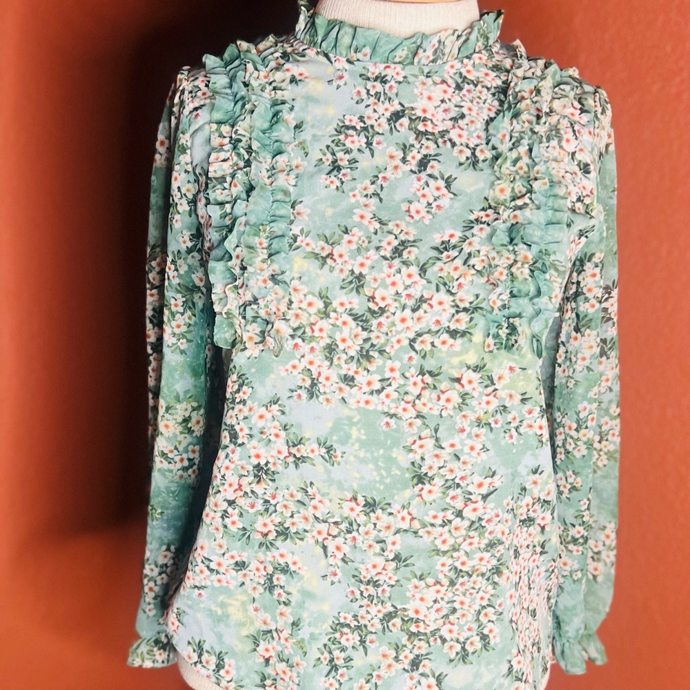 Floral Ruffle Blouse in Soft Green